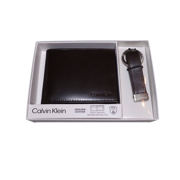 NIP Calvin Klein RFID Slimfold Extra Capacity Wallet With Key Fob Brown Leather - Picture 1 of 6